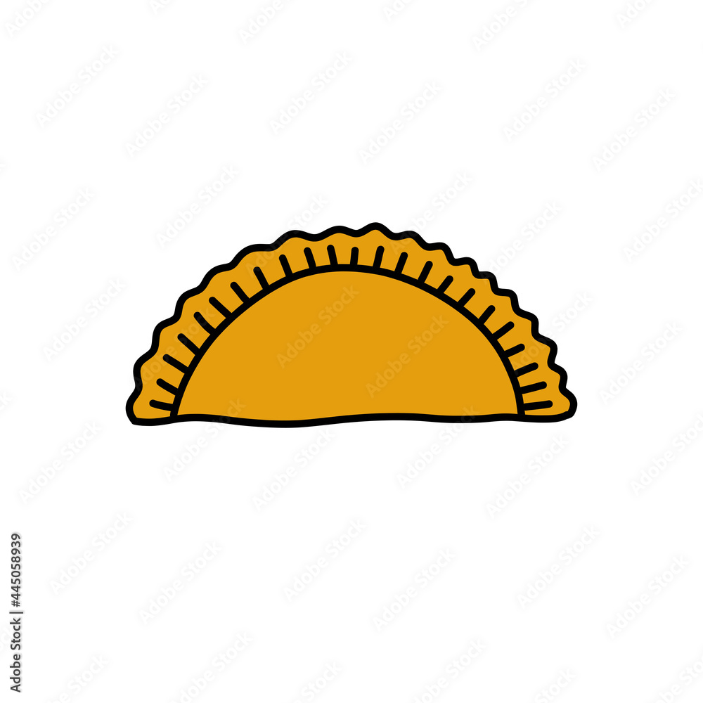 empanada doodle icon, stuffed bread or pastry baked or fried in many countries of Latin America, vector line color illustration