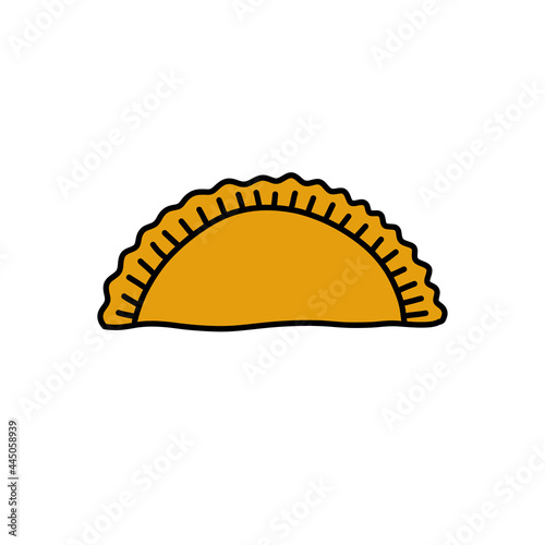 empanada doodle icon, stuffed bread or pastry baked or fried in many countries of Latin America, vector line color illustration