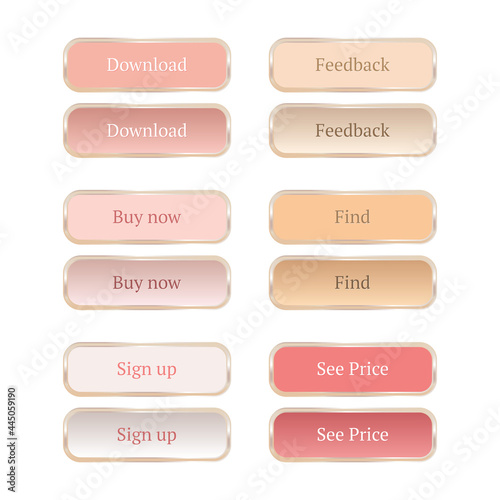 Set of vector modern horizontal web buttons for beauty and fashion websites. Creamy pastel colors, vector illustration with editable graphic styles.
