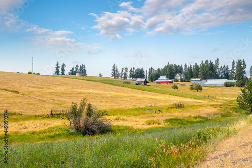 A ranch farm with Victorian estate home, barns, and shops in the Palouse region near Spokane, Washington, USA.