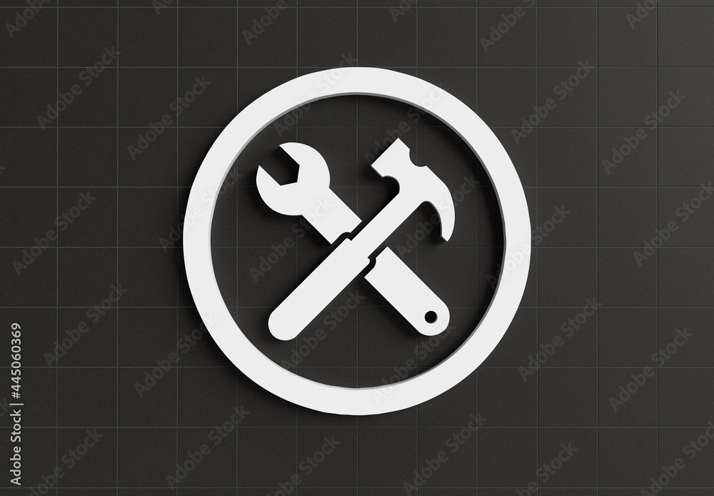 Wrench and hammer 3D symbol white craft and repair black tiles background Wrench and hammer 3D symbol white craft and repair black tiles background