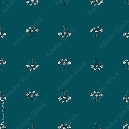 Hand drawn seamless pattern with little white psilocybe semilanceata mushroom print. Turquoise background.