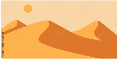Desert landscape with a sun and sandy.Desert dunes background.Abstract vector background with dramatic desert dunes and sunset.