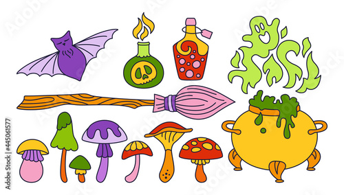 Magic Halloween set, witch elements bright line drawing. Hag cauldron, bat, toxic mushroom, wizard broom, potion poison bottle. Party comic horror witchcraft esoteric alchemy cartoon elements vector