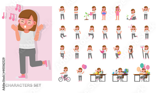 Set of children character vector design. Girl wear white shirt. Presentation in various action with emotions, running, standing and walking.