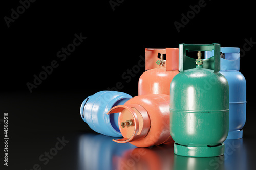LPG or propane gas tank in the shape of a cylinder on black floor in dark background. The concept of the cost of using cooking gas. 3D illustration rendering.