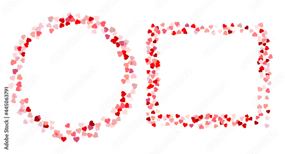 Love red hearts frames. Round and square empty text boxes, speech bubbles or quote frames. Isolated vector illustration.