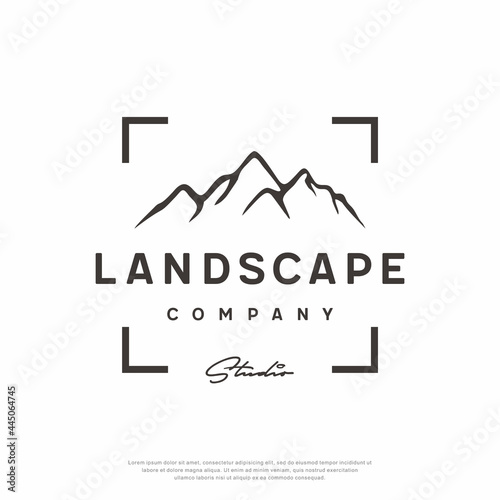 Landscape Mountain with Focus Square Lens Frame logo design template