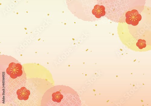 梅の花と水玉と七宝の水彩背景