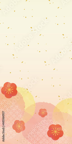 梅の花と水玉と七宝の水彩背景