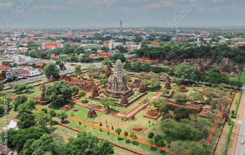 Aerial view of Ayutthaya temple, Wat Ratchaburana, empty during covid, in Phra Nakhon Si Ayutthaya, Historic City in Thailand © pierrick