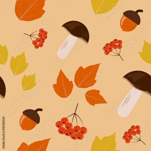 Autumn seamless pattern with mushrooms, berries, leaves and acorns