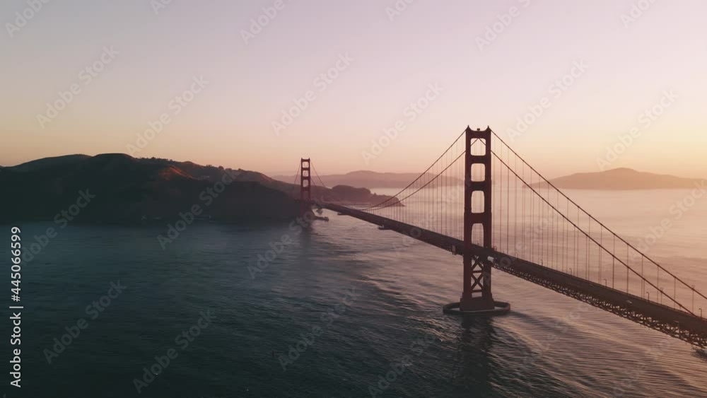 Aerial View of Golden Gate Bridge and San Francisco Bay at Dawn, Morning Traffic on Iconic Landmark, Drone Shot, California USA Aerial View of Golden Gate Bridge and San Francisco Bay at Dawn, Morning Traffic on Iconic Landmark, Drone Shot, California USA