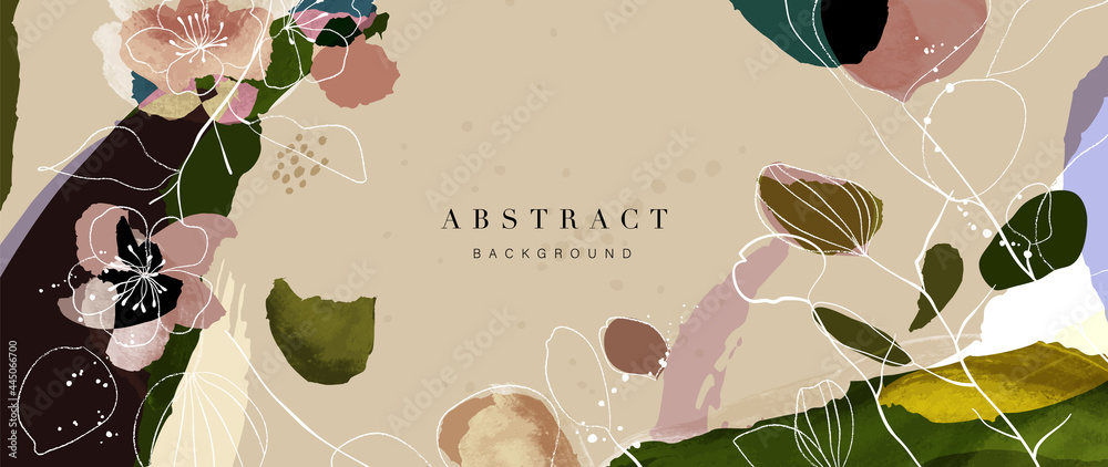 Watercolor art background vector. Wallpaper design with flower paint brush line art. Earth tone blue, pink, ivory, beige watercolor Illustration for prints, wall art, cover and invitation.