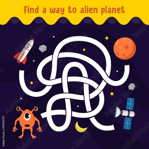 Find your way to alien planet maze for kids game education with space theme vector illustration