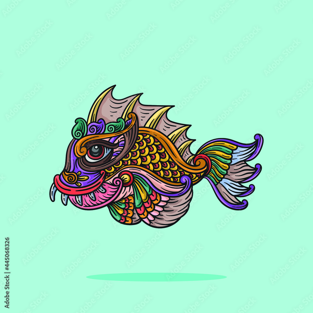 fish ornament in line style, cartoon vector illustration