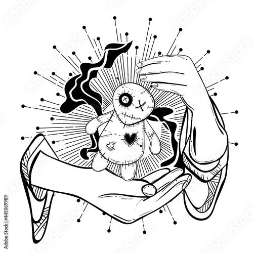 Dark gothic witchy illustration of a voodoo doll with magician's hands. Tattoo art style background.