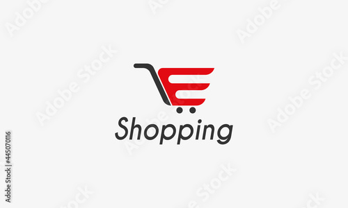 E letter shopping logo design template, Shopping Cart vector illustration