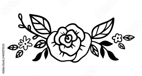 Doodle flower diadem with rose and leaves. Floral crown in line art style. Bouquet for headband for women accessory. Vector illustration isolated on white background. Floral wreath design