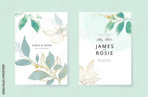 Minimal green tropical Wedding Invitation, floral invite thank you, rsvp modern card Design in Blue Geometric shape with golden line decorative Vector elegant rustic template