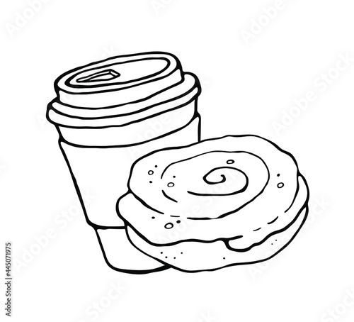A paper coffee cup with a plastic lid. Coffee to take away. Buns with icing and cinnamon. Vector logo illustration on a white background. 