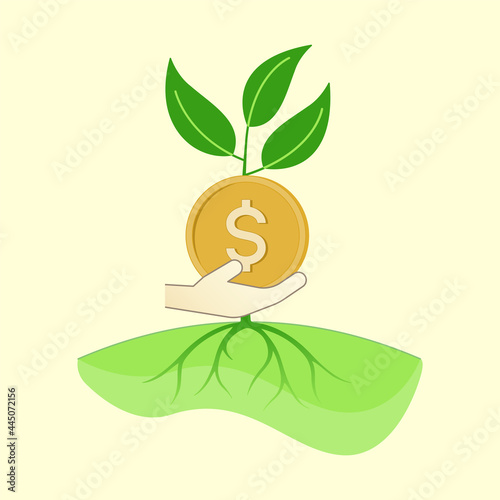 Hand holding golden dollar coin with money tree root firmly seeing in the back. Growing investment. Financial security. Vector illustration outline flat design style.