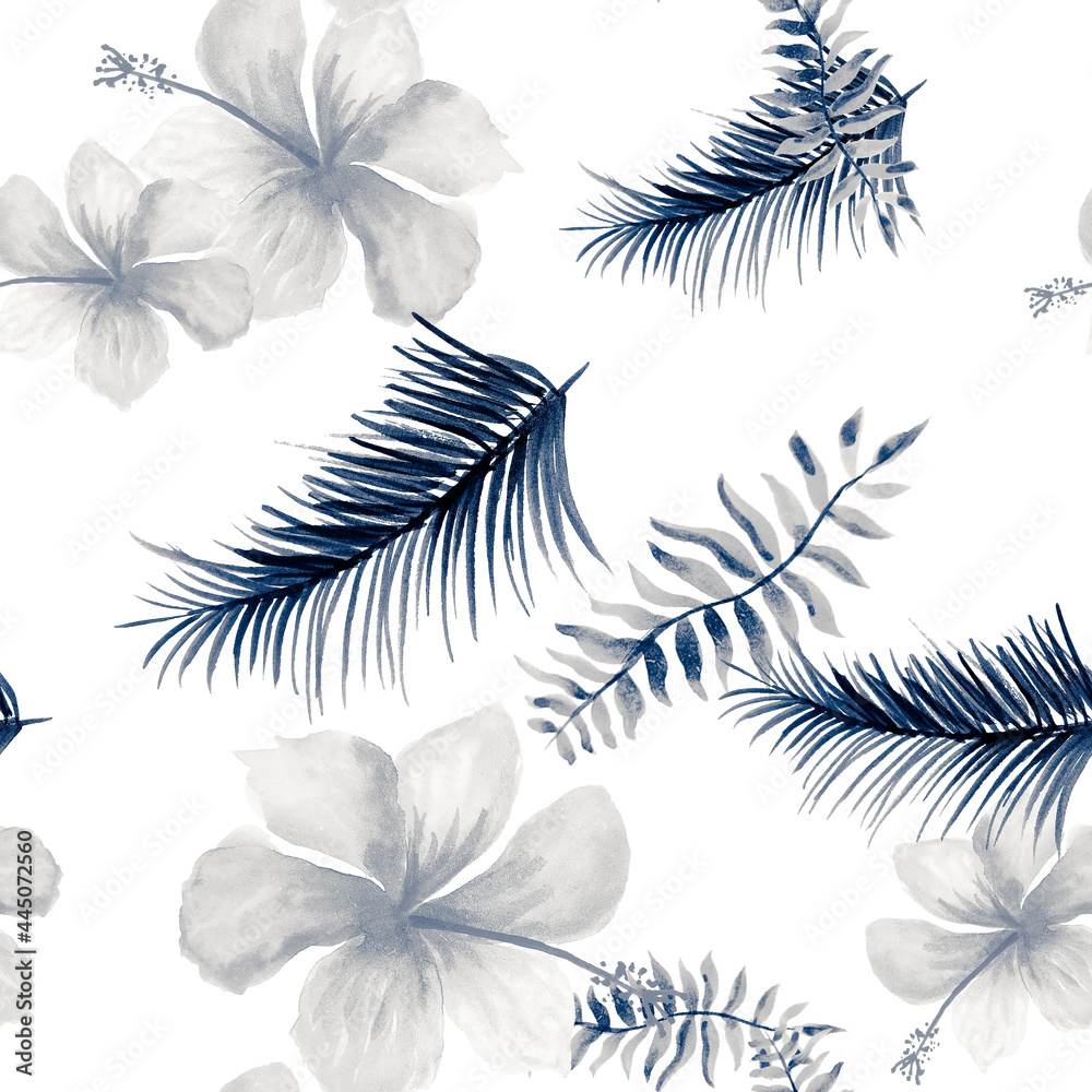 Navy Seamless Foliage. Cobalt Pattern Plant. Blue Tropical Vintage. Indigo Spring Design. Gray Decoration Plant. Drawing Exotic. Watercolor Exotic.
