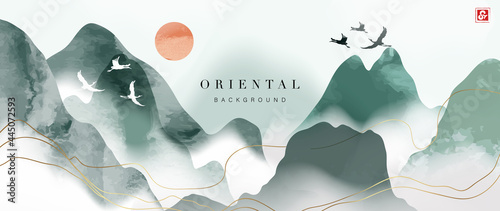 Mountain and golden line arts background vector. Oriental Luxury landscape background design with watercolor brush and gold line texture. Wallpaper design  Wall art for home decor and prints.