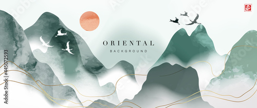 Mountain and golden line arts background vector. Oriental Luxury landscape background design with watercolor brush and gold line texture. Wallpaper design, Wall art for home decor and prints.