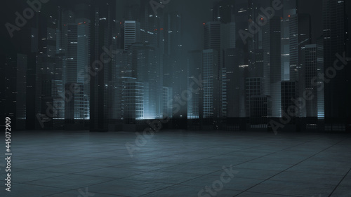 3D Rendering of modern skyscraper buildings in large city at night with reflection on wet puddle street after raining. Concept for night life, business vision, technology product 