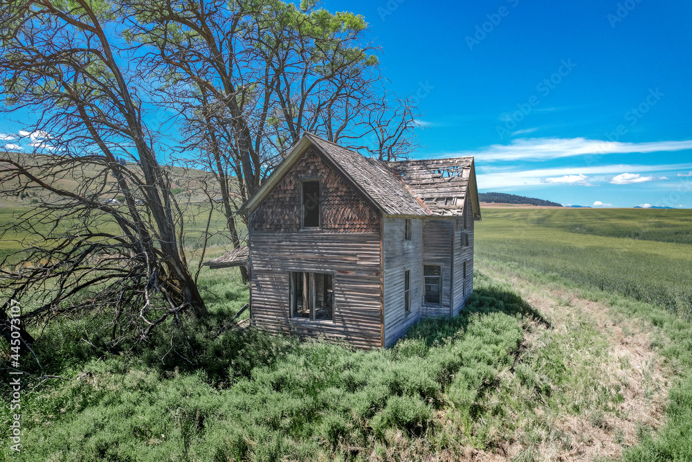 Derelict, uninhabited, abandoned old farmhouse in a field