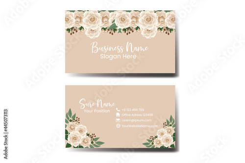 Business Card Template Camellia Flower .Double-sided Blue Colors. Flat Design Vector Illustration. Stationery Design