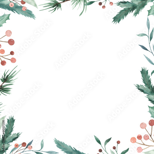 Watercolor square christmas frame with leaves, fir branches, berries, pine branches