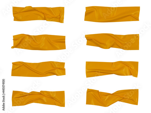 Yellow wrinkled adhesive tape isolated on white background. Yellow Sticky scotch tape of different sizes.