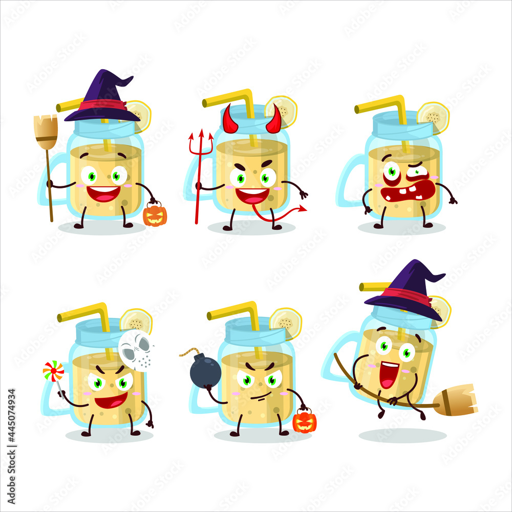 .Halloween expression emoticons with cartoon character of banana smoothie. Vector illustration .Halloween expression emoticons with cartoon character of banana smoothie. Vector illustration