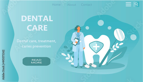 vector illustration, banner for website on the theme of dentistry, dental care. big tooth, dental mirror, doctor, pills and flowers. trend illustration in flat style.