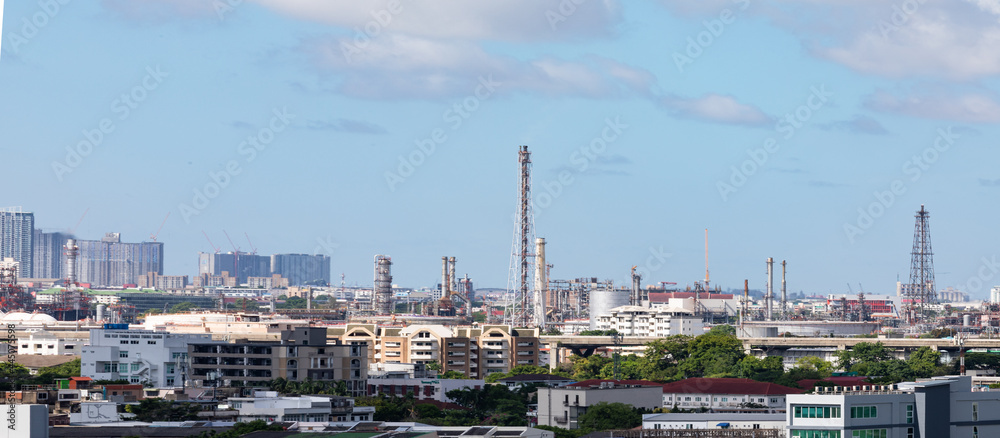 BANGKOK-THAILAND-BANGKOK-THAILAND-JUNE 27, 2021  Aerial view of petrochemical oil refinery and sea in industrial engineering concept in Bangna district, Bangkok City in the city of Thailand, Thailand.