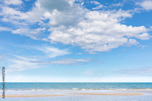 Tropical beach wave at Hua Hin Thailand in the morning.Background or wallpaper of clean sand and clear sea water that can be seen through