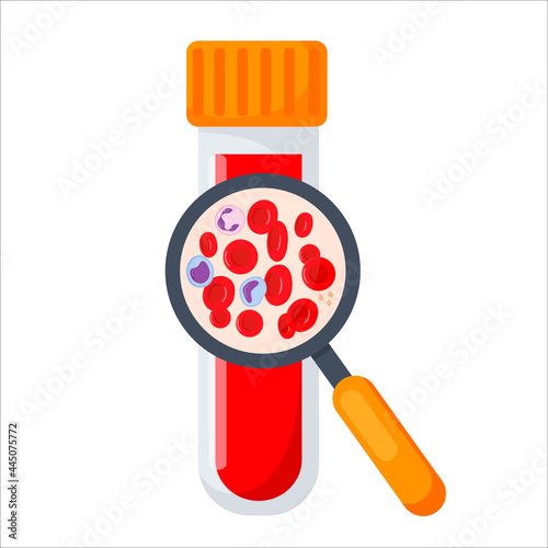 Hematology concept. with magnifying glass and blood composition, vector illustration in cartoon style