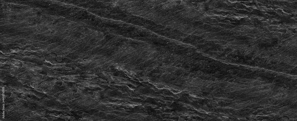 Fototapeta premium Panorama black lined marble stone background with copy space. Black grunge banner with rock texture.