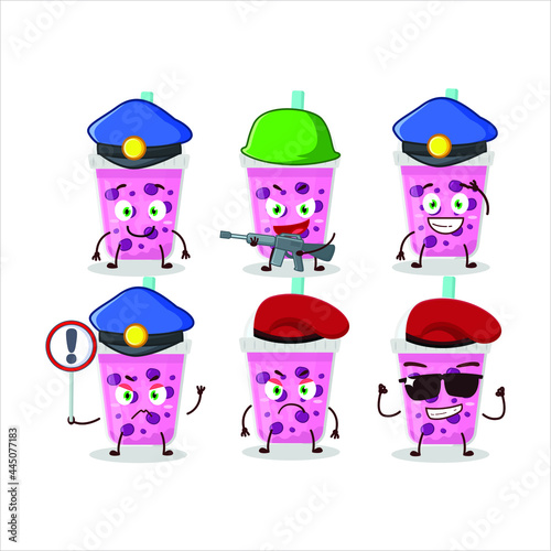 A dedicated Police officer of grapes milk with boba mascot design style. Vector illustration