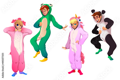 Characters in animal costumes, people in kigurumi on pajamas party. Vector cartoon set of happy men and women in funny pyjamas of pig, unicorn, frog and panda isolated on white background
