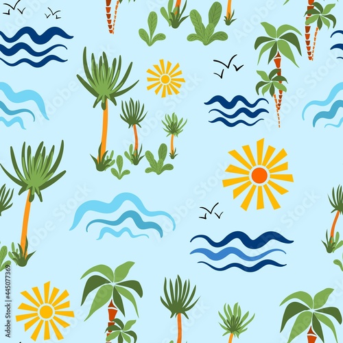 Seamless pattern. Cute hand drawn cartoon palm trees waves and sun. Vector illustration in the style of doodle. Drawing for print T shirts, design element.