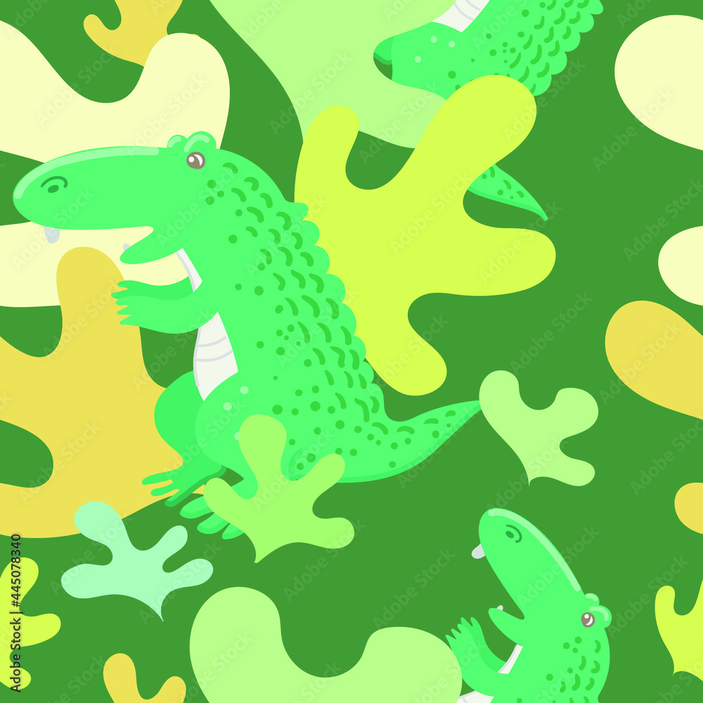 Fototapeta premium Seamless pattern with alligator and plant on green background. Cute cartoon animal. Vector illustration.