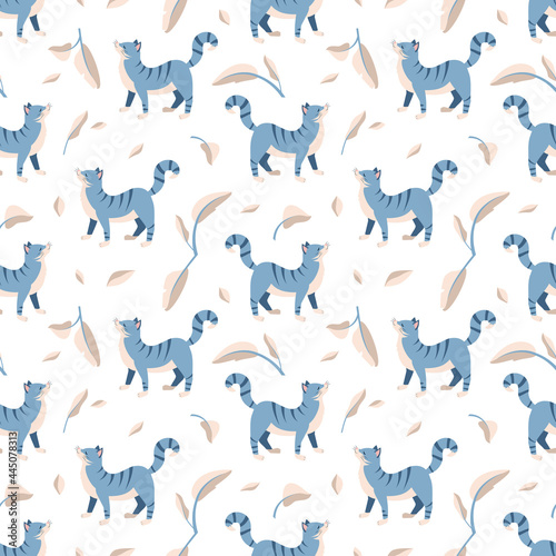 Seamless pattern with blue tabby cat and leaves. Pet and plant print for wrapping paper  textiles and design