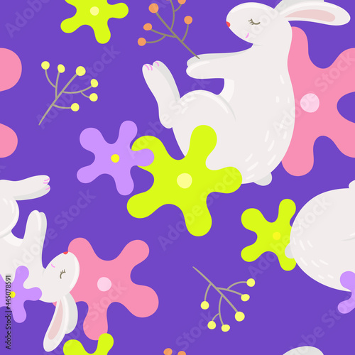 Fototapeta Naklejka Na Ścianę i Meble -  Seamless pattern with rabbit and plant on purple background. Cute cartoon animal. Vector illustration.