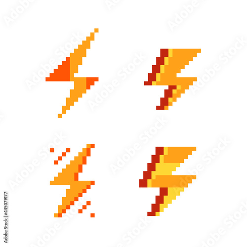 Electricity icon. Flash lightning. High voltage logo. Charging icon. Pixel art style design. 8-bit sprites. Isolated vector illustration.