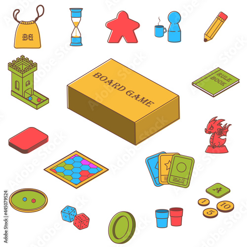 Board games set of icons. Dice and play pieces, markers and cards. Vector clip art illustration.