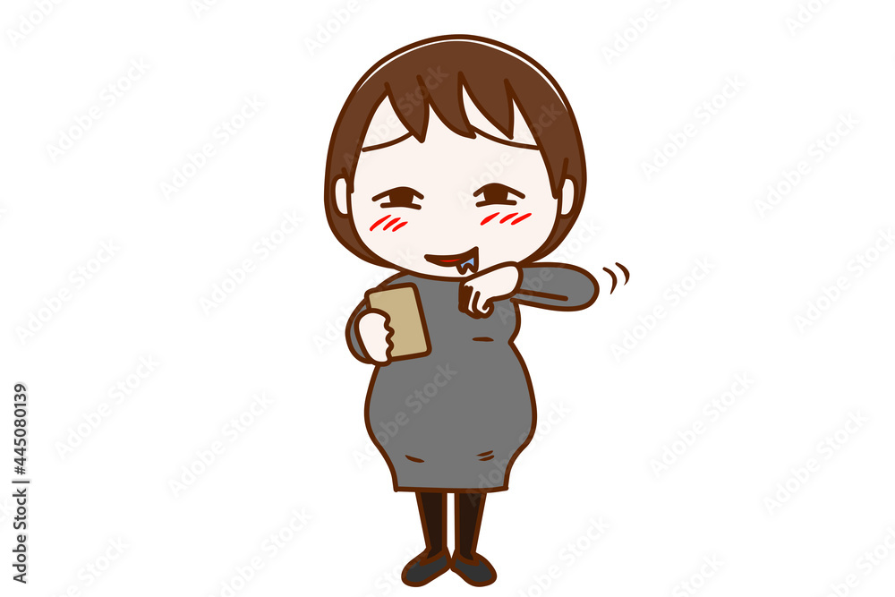＜全身・正面＞スマホを見ながらじゅるりとよだれを垂らして拭う妊婦