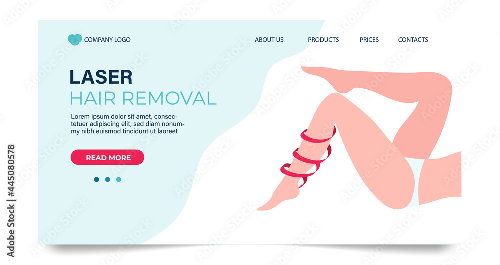 Laser hair removal landing page template. Web banner with female legs entwined with red ribbon. Vector illustration in flat style